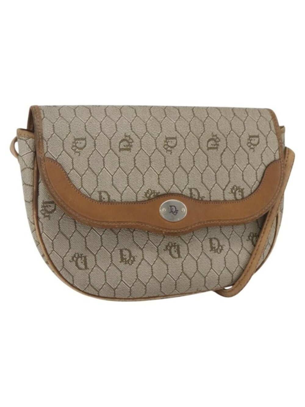 Authentic Christian Dior Honeycomb Canvas Shoulder Bag Beige Gold